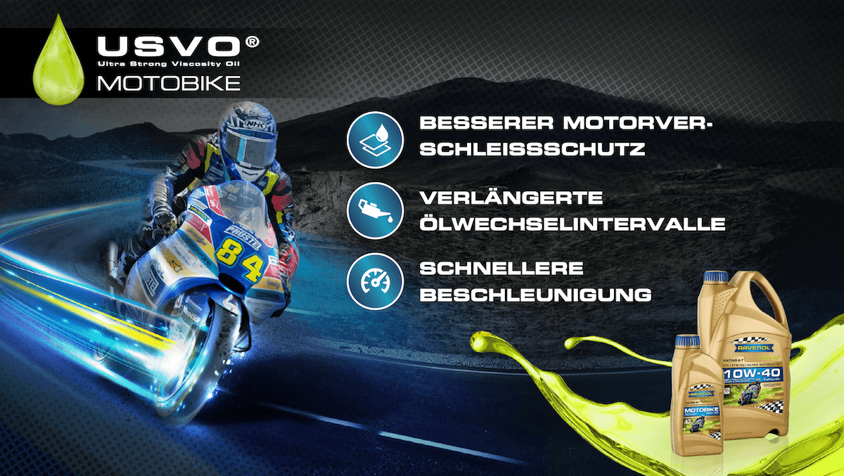 USVO-Motobike Titelgrafik mit Fahrer und RAVENOL Motorradöl-Gebinden; Vorteile: besserer Verschleißschutz, längere Ölwechselintervalle, schnellere Beschleunigung