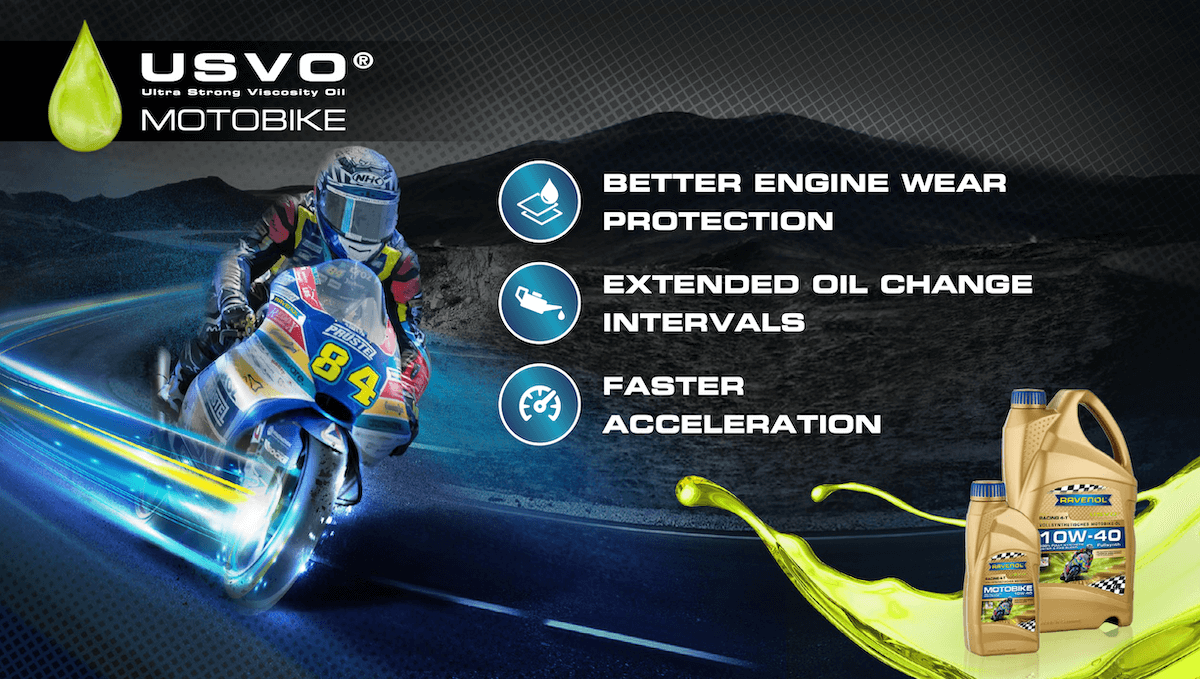 USVO Motobike hero graphic with rider and RAVENOL Motobike oil bottles; highlights better wear protection, extended oil-change intervals, faster acceleration